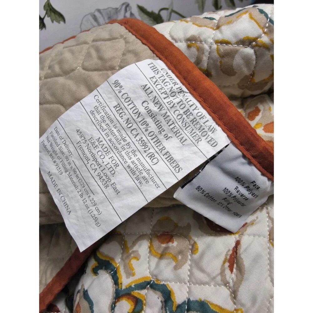 E & E Co. Quilted Comforter Queen  90 X 90 Floral Square